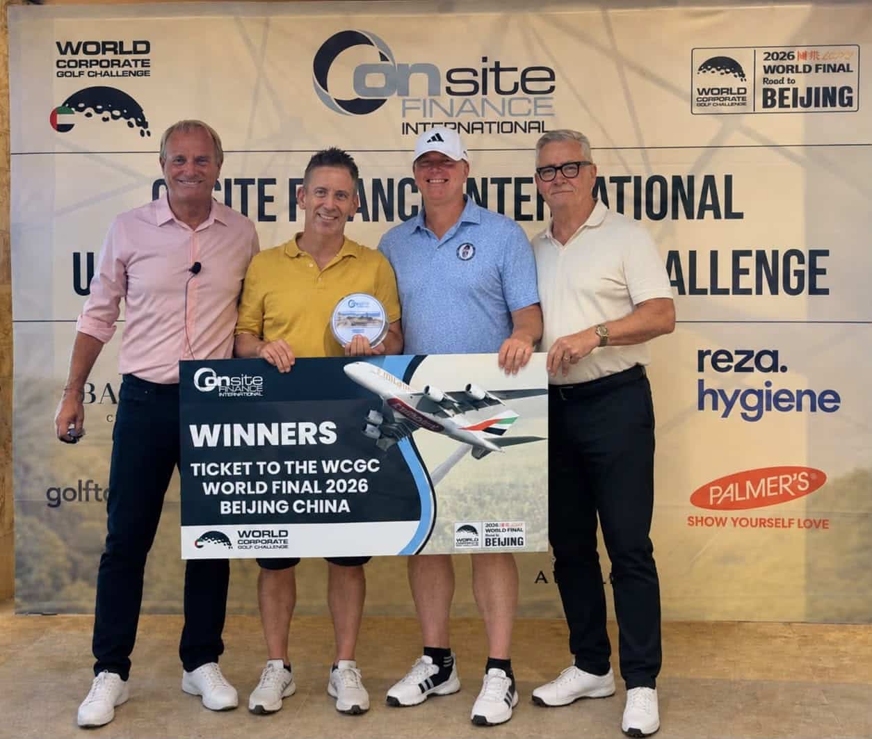Cameron Franklin and Declan Madden celebrate winning the UAE National Final of the World Corporate Golf Challenge